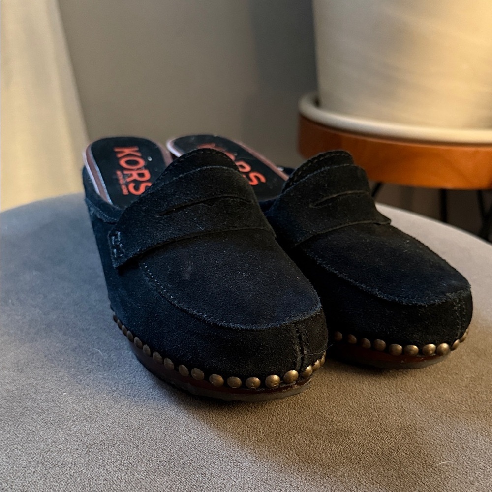 KORS Michael Kors Black Suede Wooden Mule Clogs Womens 7B Slip-On Studs